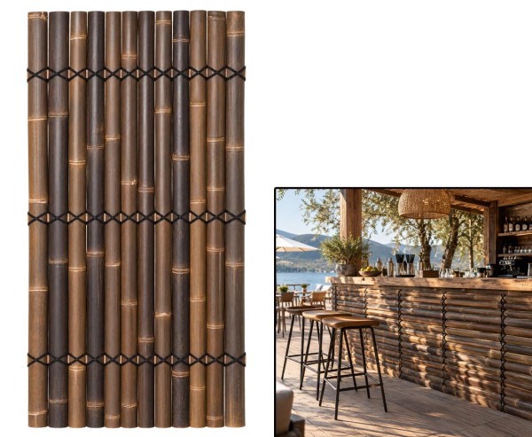 Bambus Sichtschutz „Apas8“ 180×90 cm schwarz-braun aus Wulung Bambus Halbschalen 6–8 cm